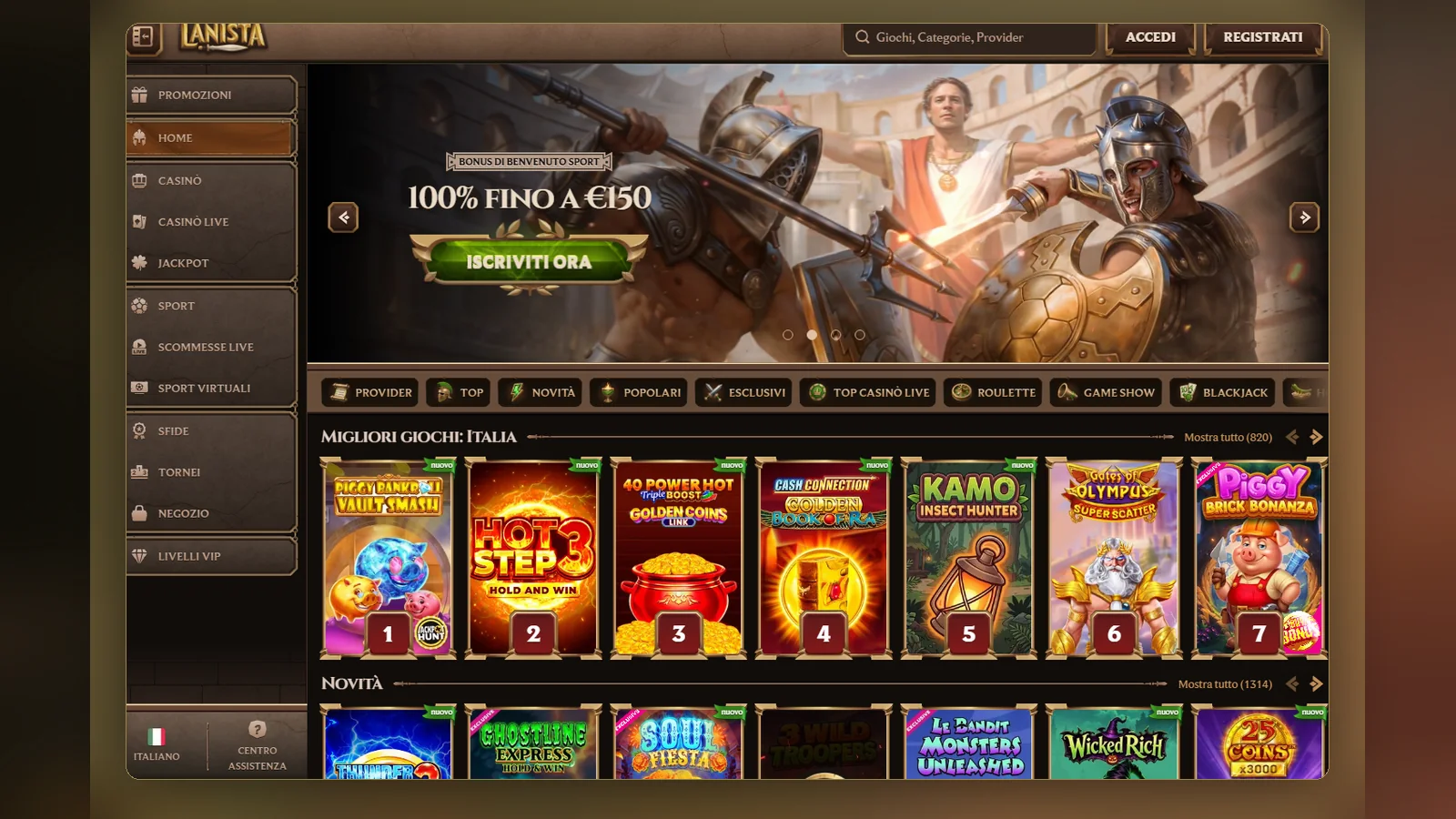 La home di Lanista in versione desktop, con il banner 100% fino a €150 e la griglia dei giochi