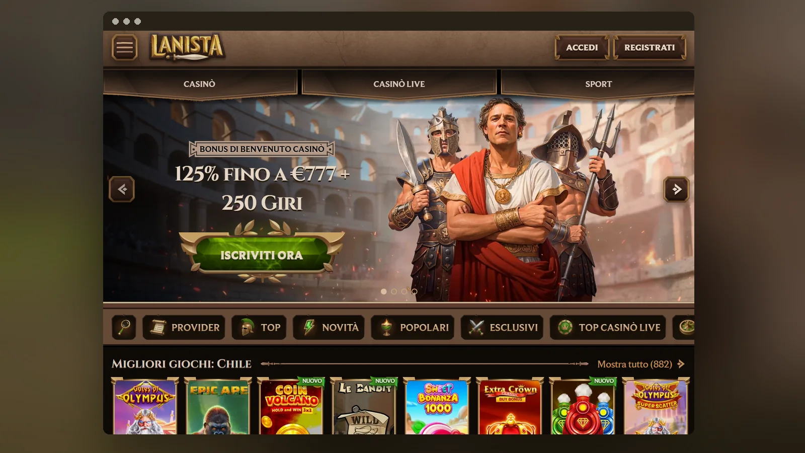 La home di Lanista con il banner del bonus 125% fino a €777 + 250 giri
