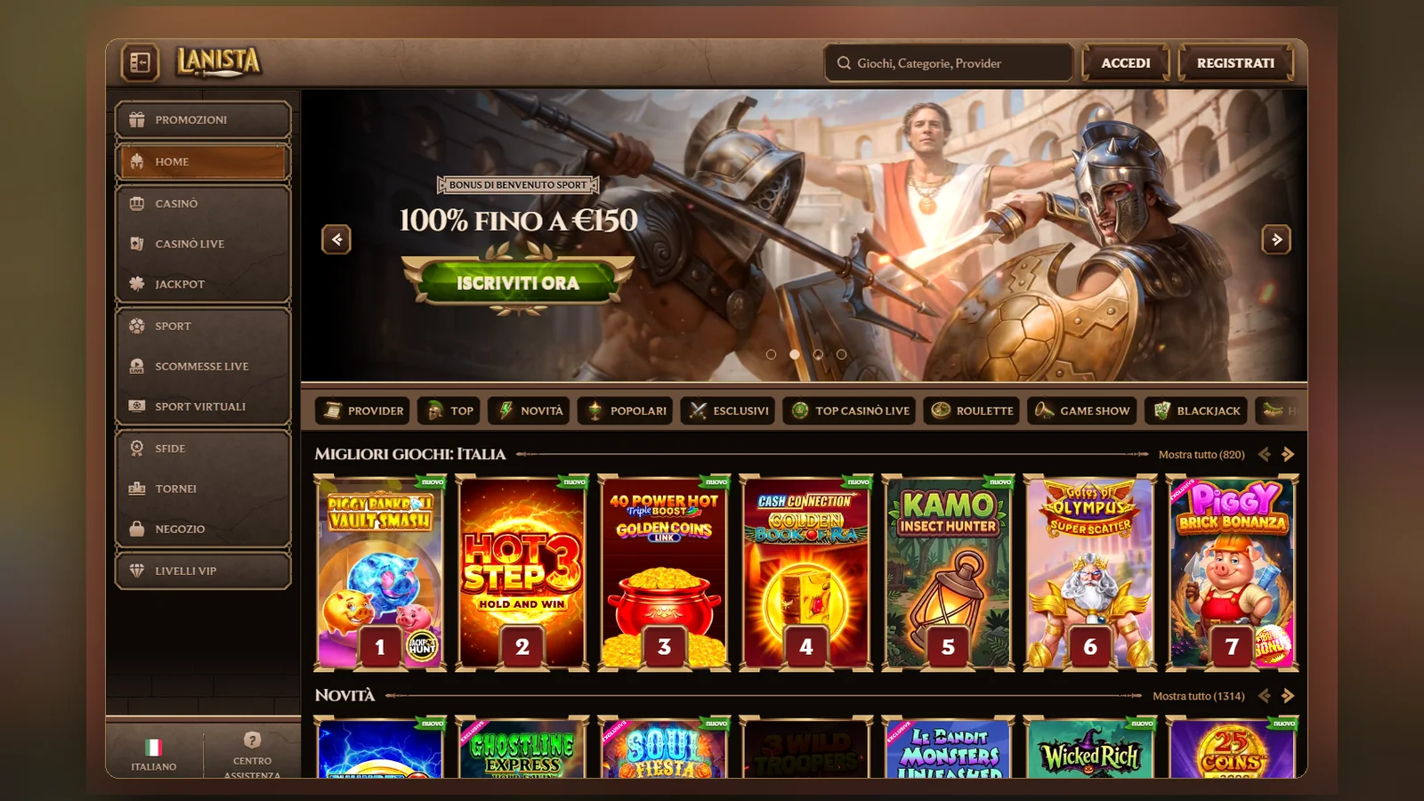 La home di Lanista in versione desktop, con il banner 100% fino a €150 e la griglia dei giochi