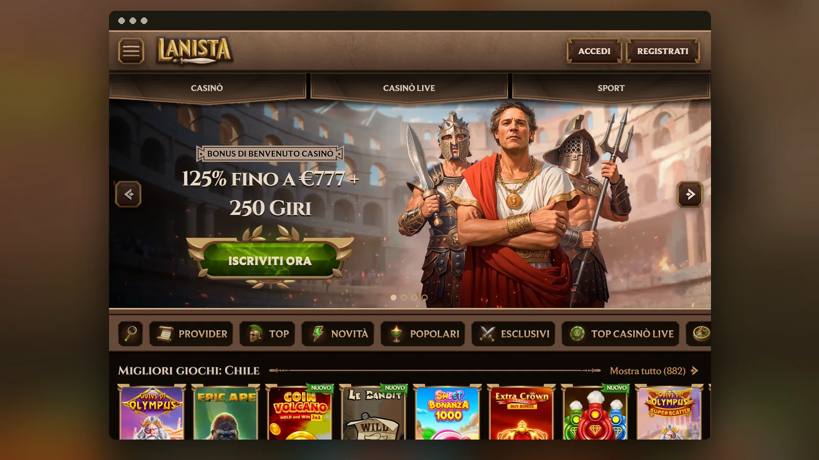 La home di Lanista in layout mobile, con il banner del bonus e le categorie di gioco