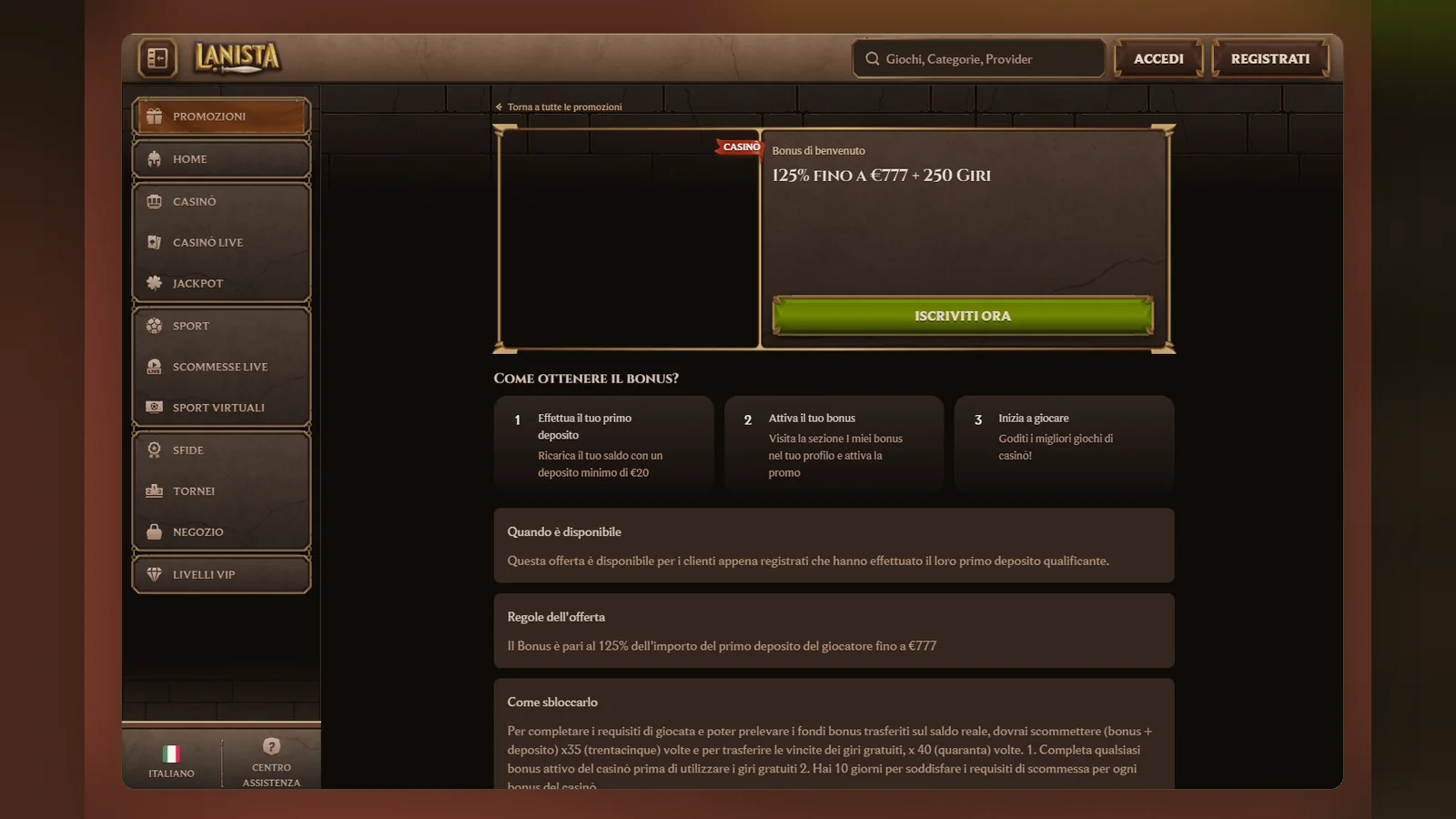 La pagina Promozioni di Lanista con il bonus di benvenuto