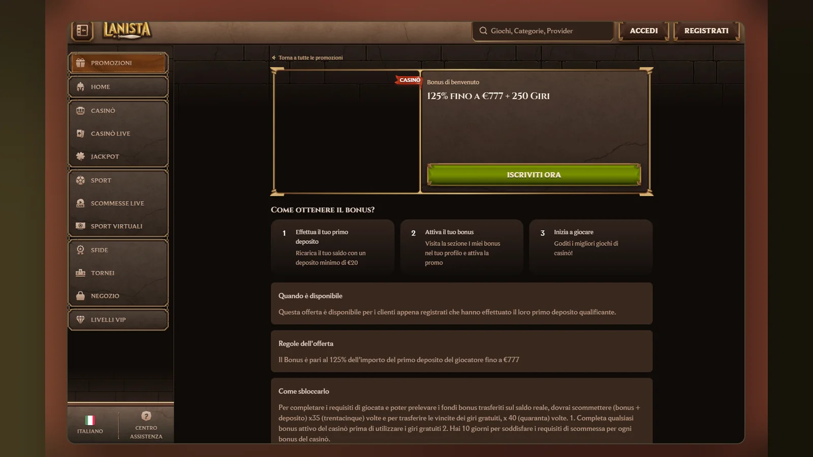 La pagina Promozioni di Lanista con l'offerta di benvenuto del casinò