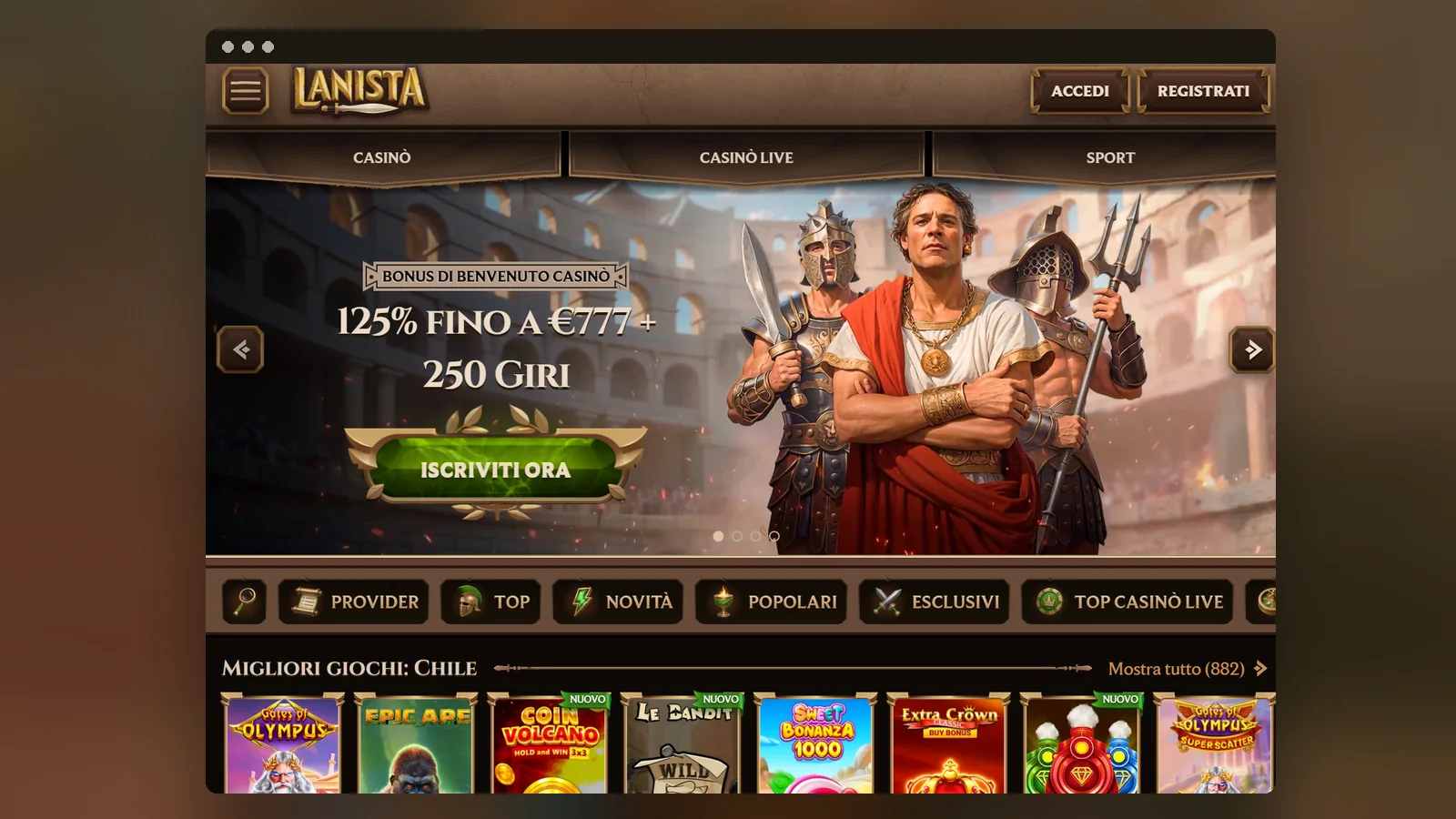 La home di Lanista in layout mobile, con le voci Casinò, Casinò Live e Sport