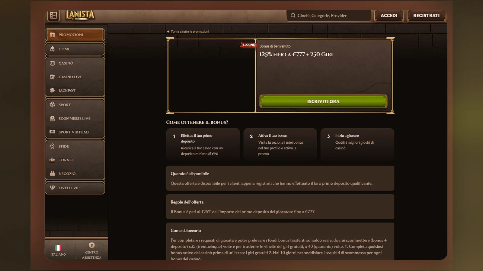 La pagina Promozioni di Lanista, dove compaiono le offerte di benvenuto casinò e sport