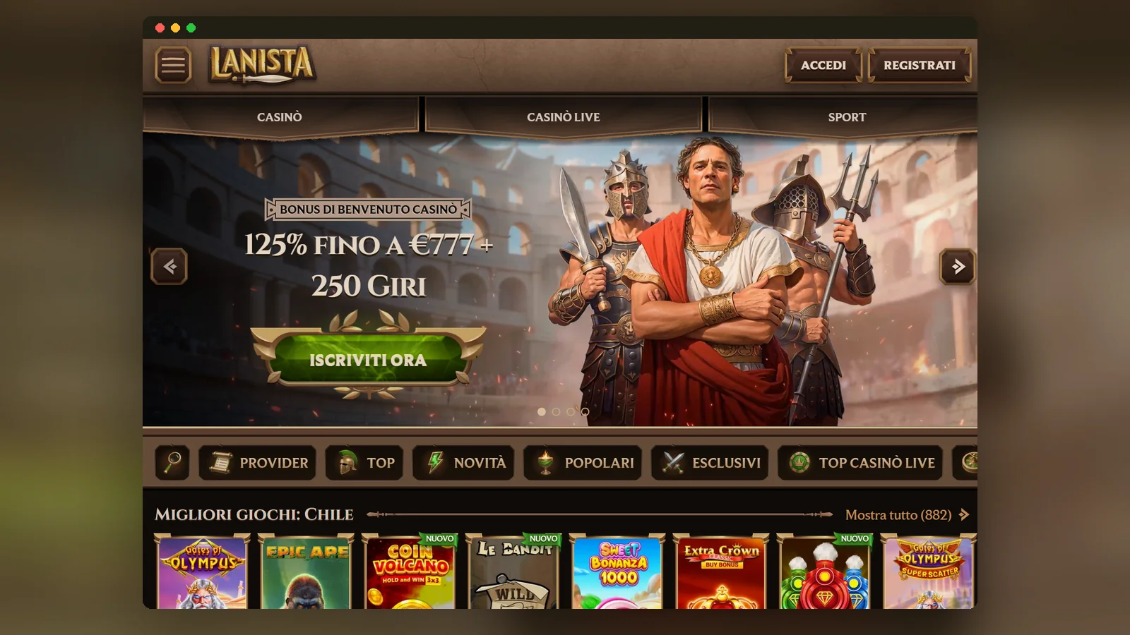 La home di Lanista in layout mobile, con le scorciatoie Provider, Top, Novità e Popolari