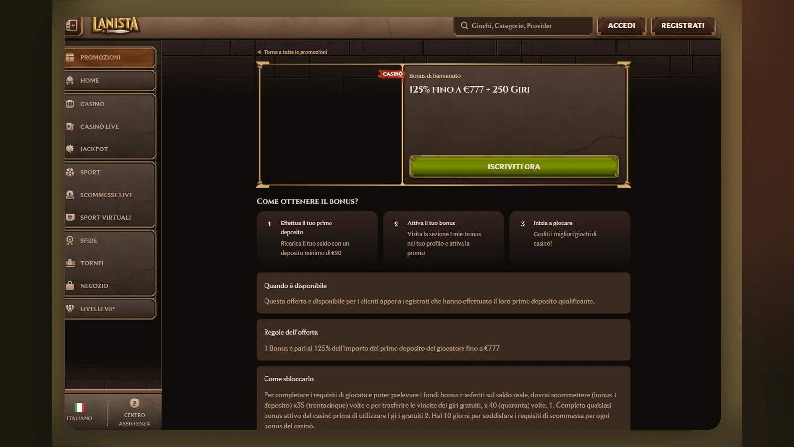 La pagina Promozioni di Lanista, con il bonus di benvenuto da usare sulle slot